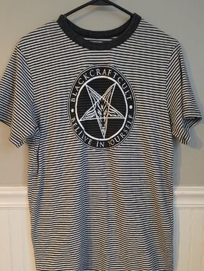 Black & White Striped Short-Sleeve Tee with Center Logo - Blackcraft Cult